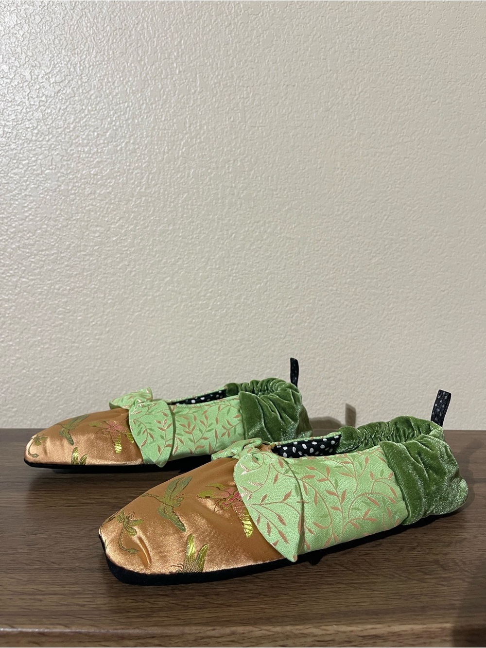 Green & Gold Floral Velvet Ballet Flats - Women